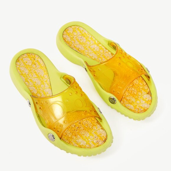 Dior Y2K Yellow Perforated Logo Rubber Slide Sandals - Picture 1 of 11